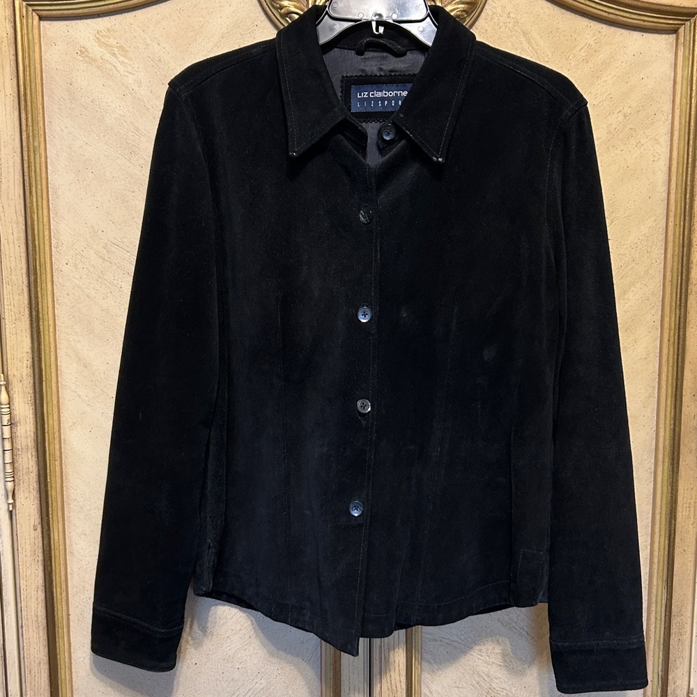Liz Claiborne Liz Sport Black Suede Button Front Jacket